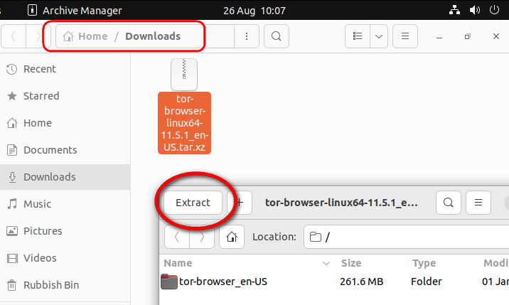 Extract Tor Browser package