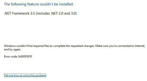 Microsoft .NET Framework 3.5 error message this feature couldn't be installed