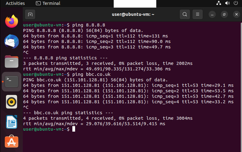 Test ping from Linux Ubuntu virtual machine