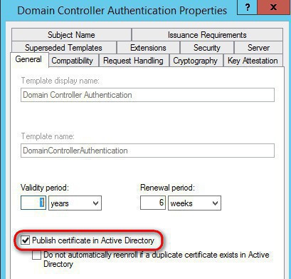 Publish certificate in Active Directory in order to fix the error message Extensible Authentication Protocol