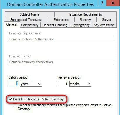 Publish certificate in Active Directory in order to fix the error message Extensible Authentication Protocol