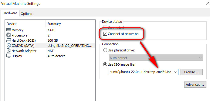 Insert ISO and choose Connect at power on