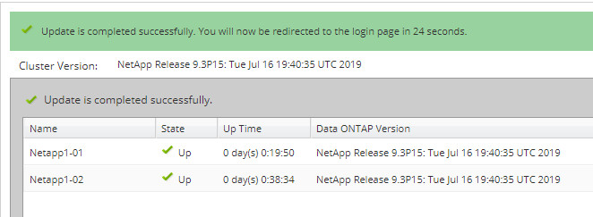 NetApp update is completed successfully