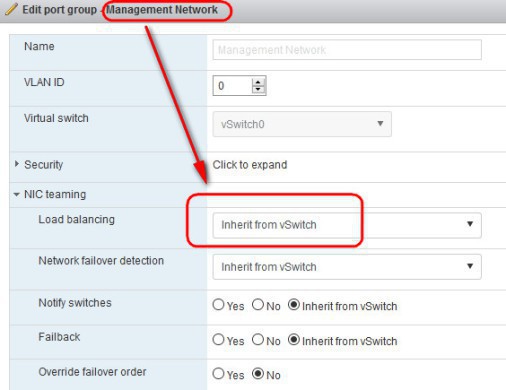 5. Enable "Inherit from vSwitch" on the Management Network