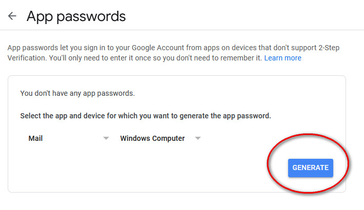 Generate app password on your Gmail account