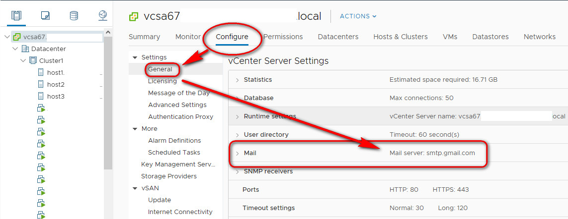 How to configure email alert settings in vCenter 6.7