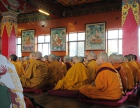 Nuns in the meditation hall listening to Ling Rinpoche