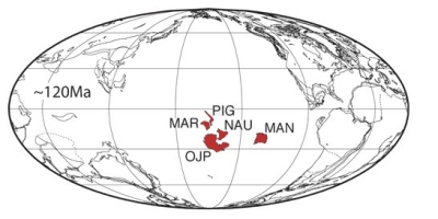 Plate tectonic reconstruction for Ontong Java Plateau (OJP), Nauru (NAU), East Mariana (MAR), Pigafetta (PIG) basin flood basalts and Manihiki Plateau (MAN) (118.7 Ma – Chron M0: after Eldholm & Coffin, 2000).