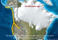 North America ice sheet before the hypothesized meteor impact of the Younger Dryas. The gold line indicates corridor for animals and humans migration