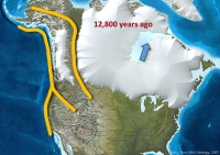 Hypothesized area of where the meteor impact of the Younger Dryas collided, leaving no crater but melting huge amount of fresh water into the ocean. The gold line indicates corridor for animals and humans migration