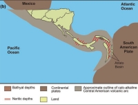 Central American volcanic arc at the latest Miocene, 6 Mya, not fully closed yet but the land marked as "yellow" is increasign, allowing for the Interchange to happen